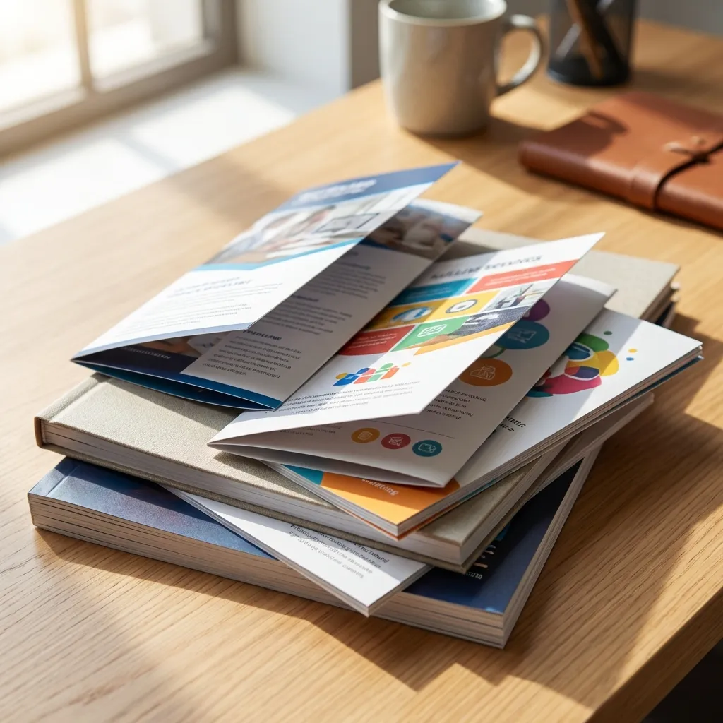 Stack of marketing brochures in various fold styles and paper finishes showing vibrant print quality