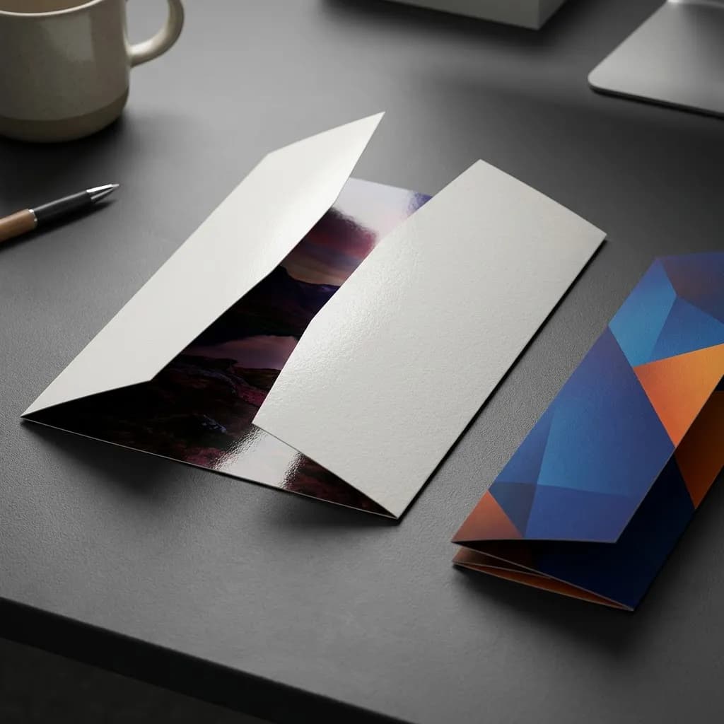 Gate-fold brochure partially opened alongside z-fold brochure showing aqueous coating sheen