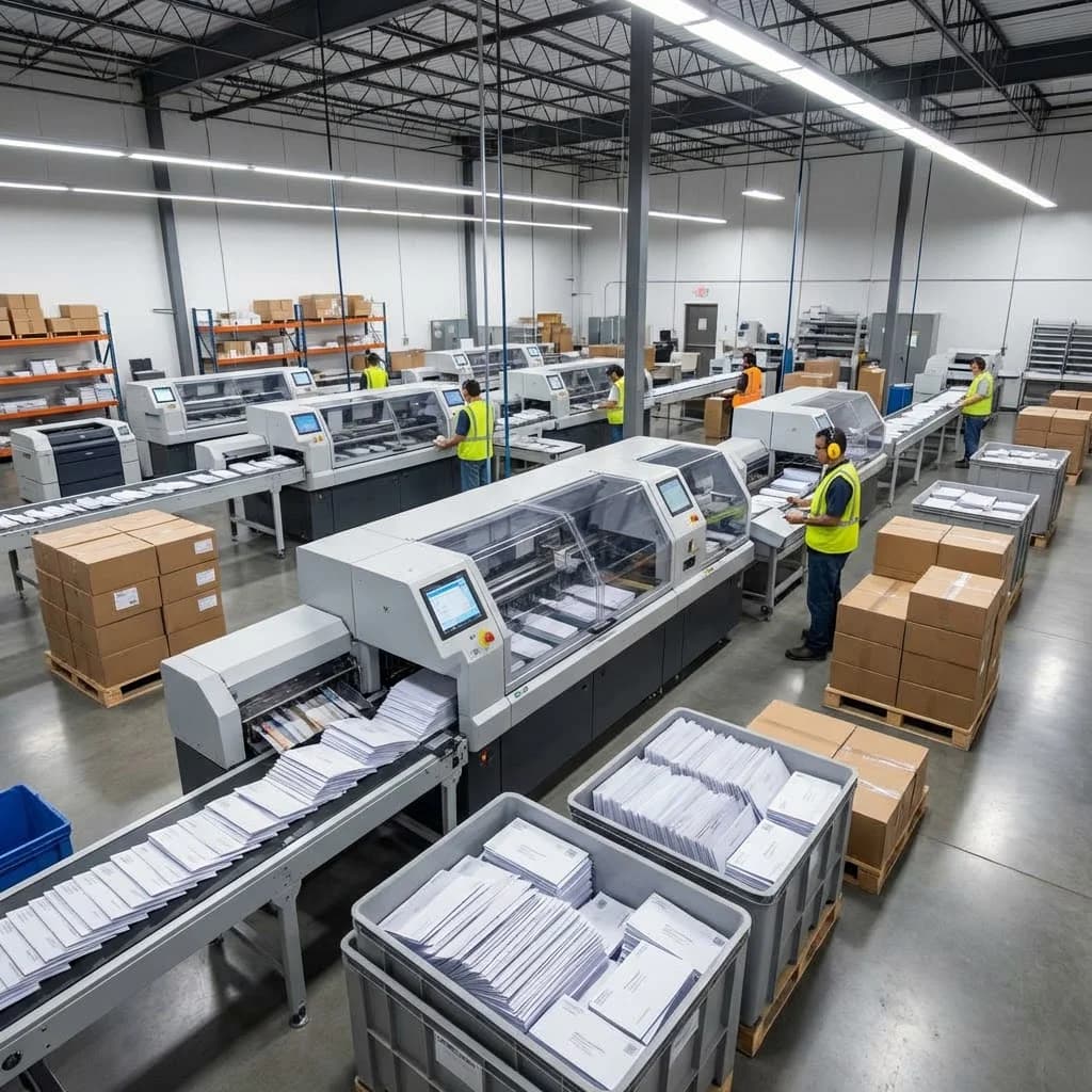 High-volume bulk mail production floor with inserting machines processing thousands of envelopes