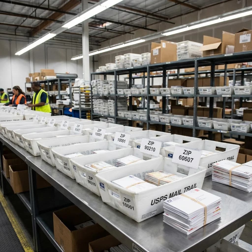 Presorted bulk mail trays organized by ZIP code on processing table at MCI printing facility