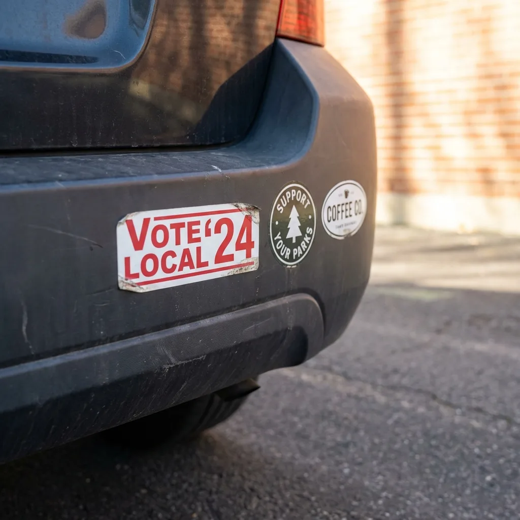 Bumper stickers applied to car bumper showing campaign and promotional designs in weather-resistant outdoor vinyl