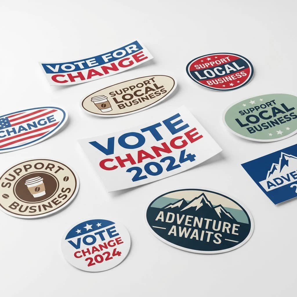 Custom printed vinyl bumper stickers in various shapes with political campaign and business designs on white background