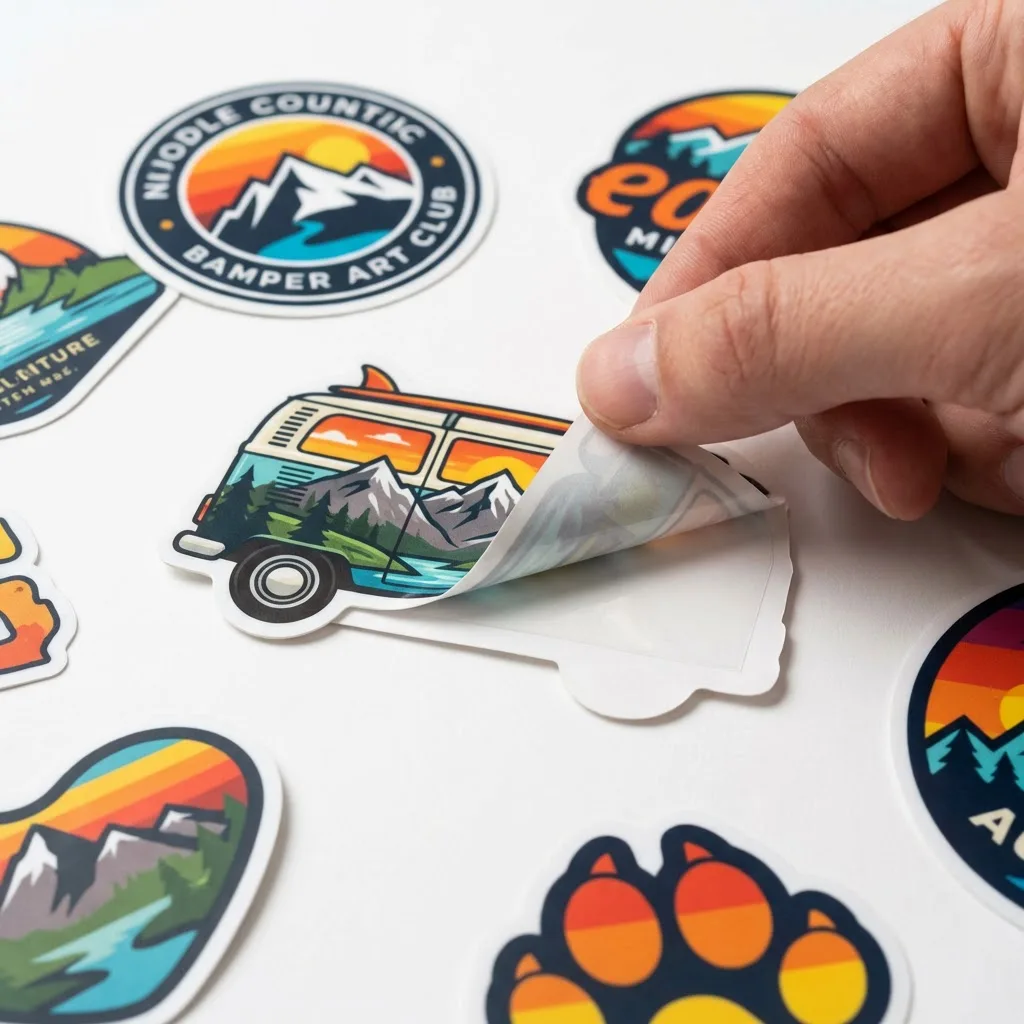 Die-cut bumper stickers with full color printing in custom shapes showing durable vinyl material and peeling backing