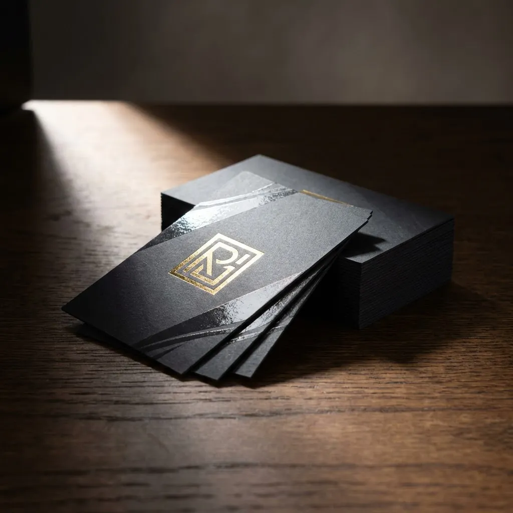 Premium business cards with gold foil stamping and spot UV finish on dark matte card stock