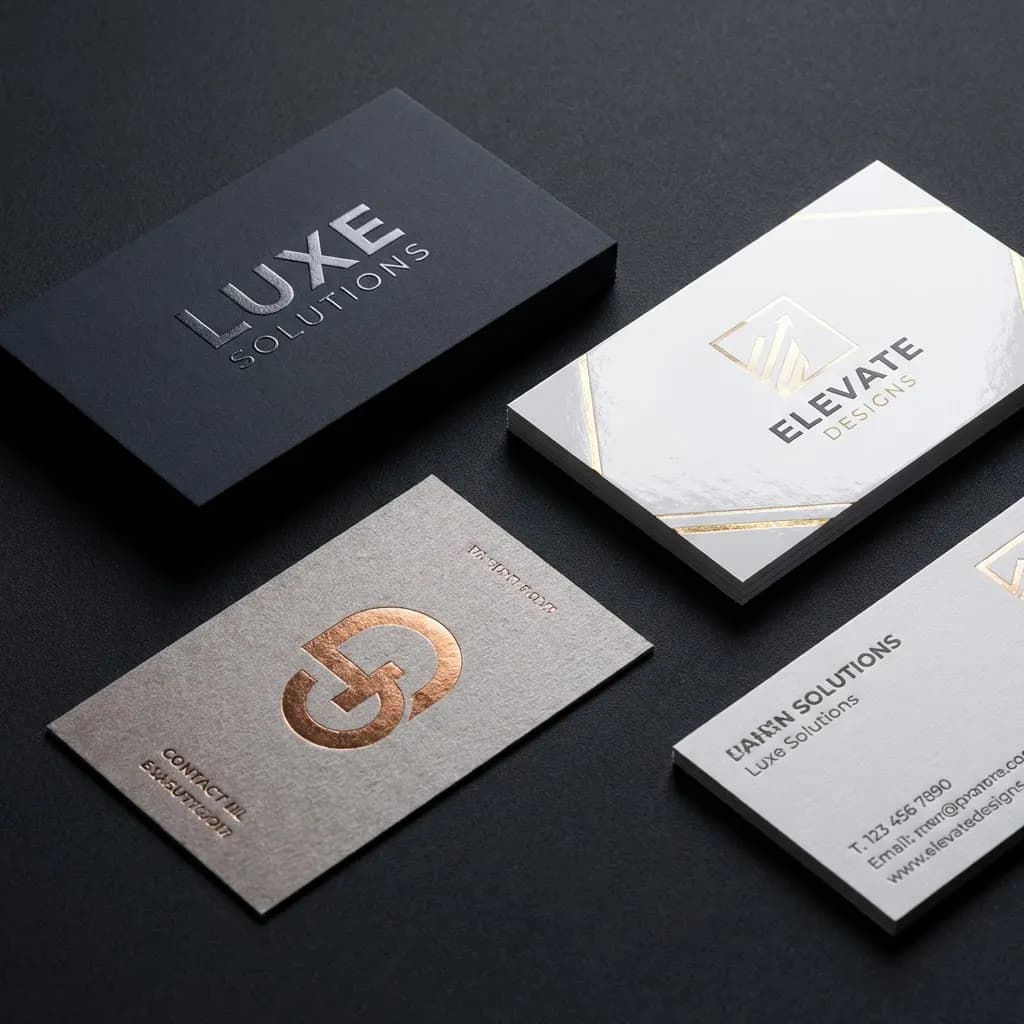 Assorted premium business cards showing soft-touch matte, embossed lettering, and metallic foil finishes