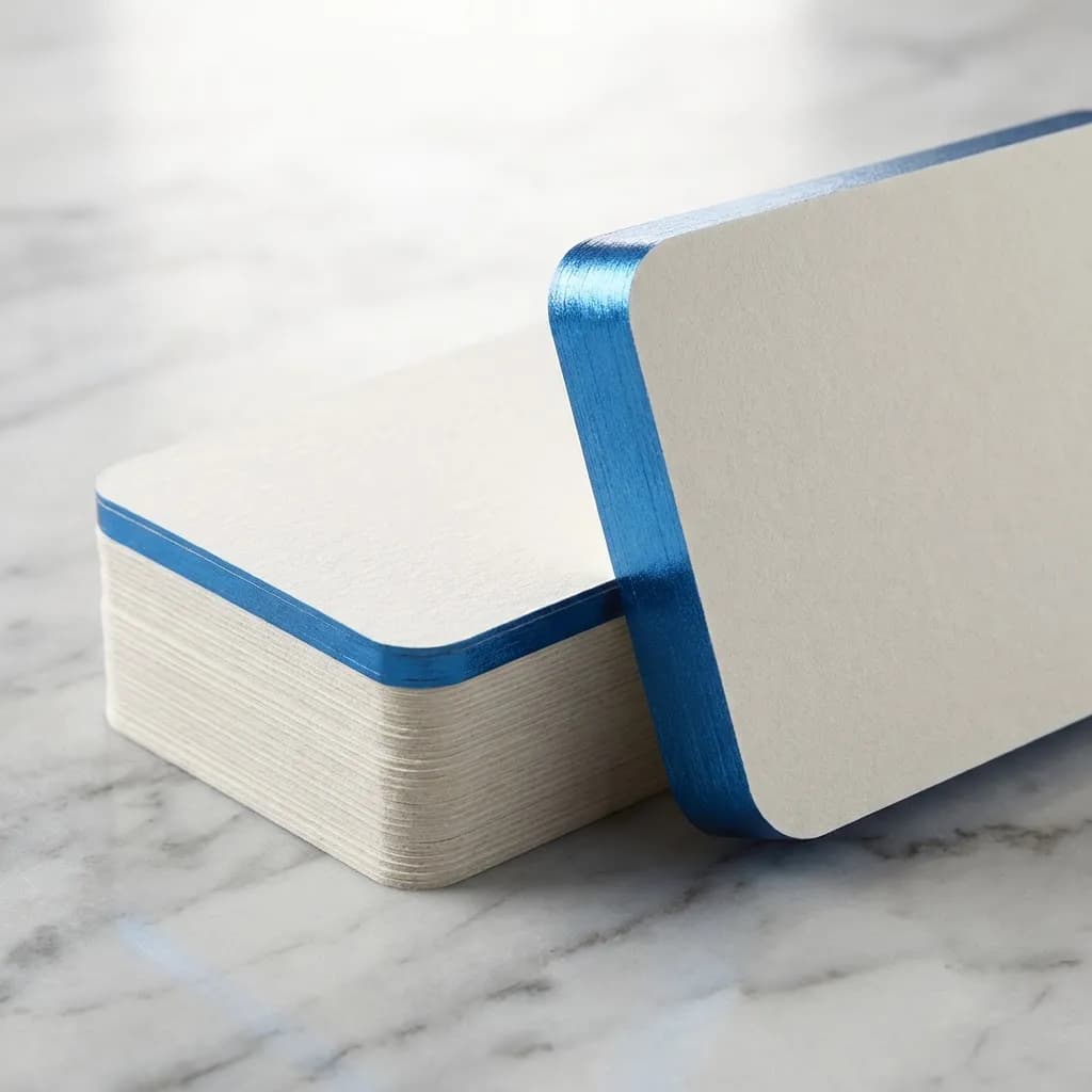 Thick 32pt business cards with rounded corners and metallic blue edge painting on marble surface