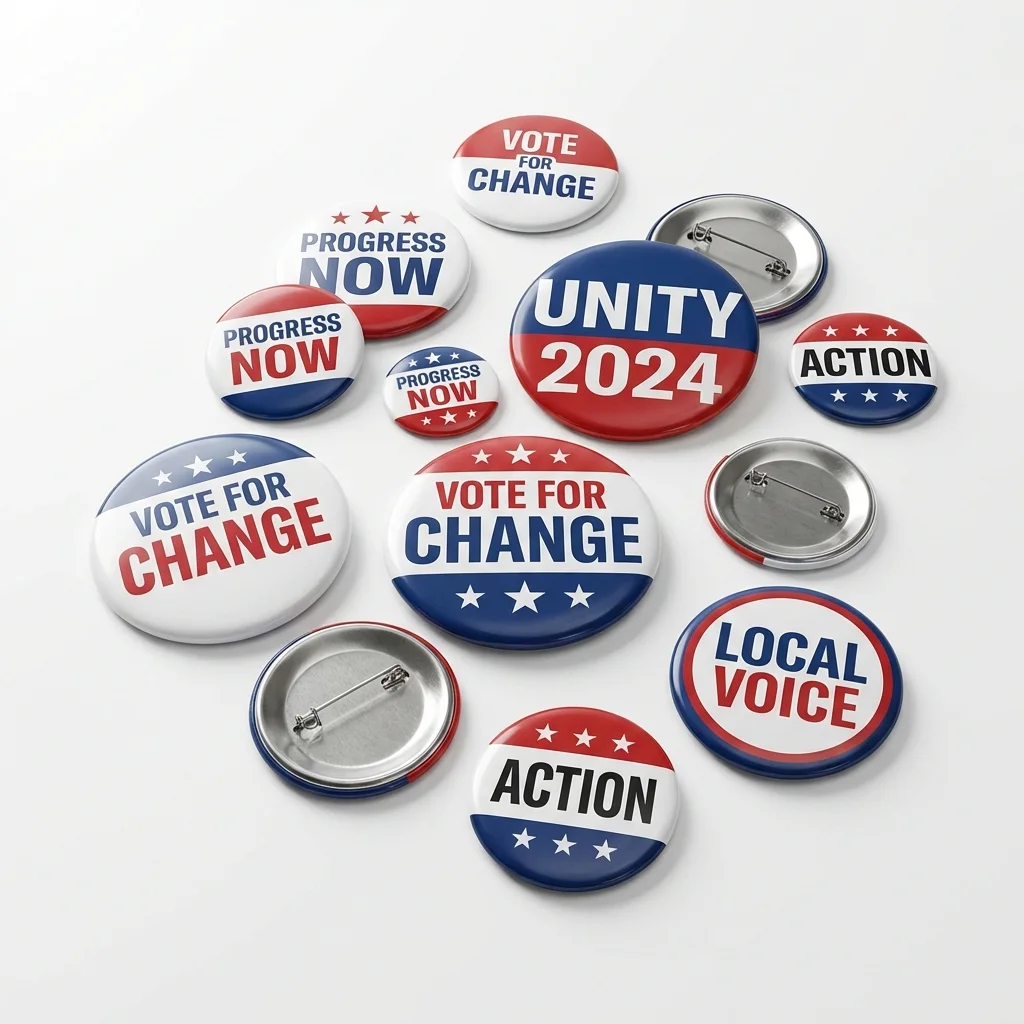 Assorted campaign pin buttons in various sizes with bold political slogans and metal pin-back attachments