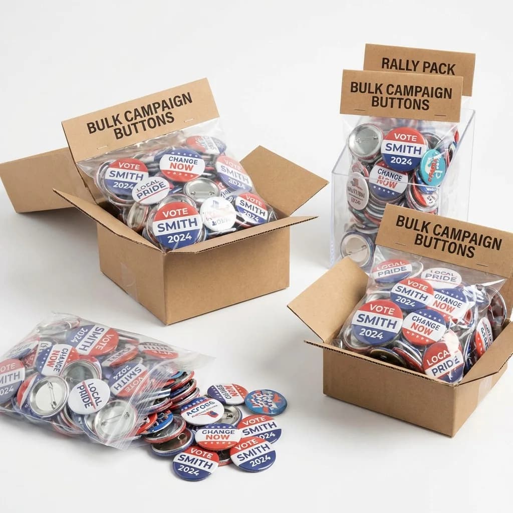 Bulk campaign buttons packaged for distribution with custom printed political rally designs