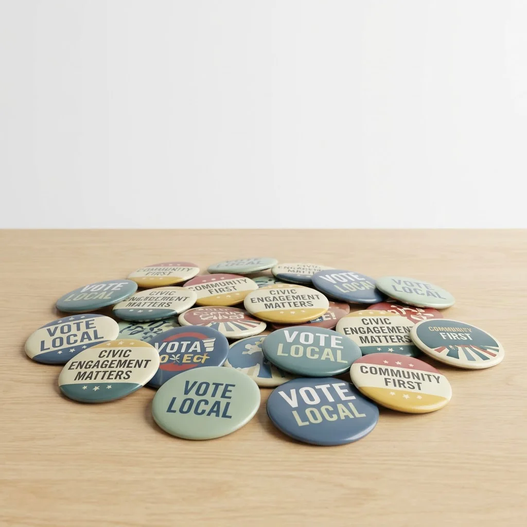 Campaign buttons displayed showing non-partisan political designs in round and oval shapes with full color printing