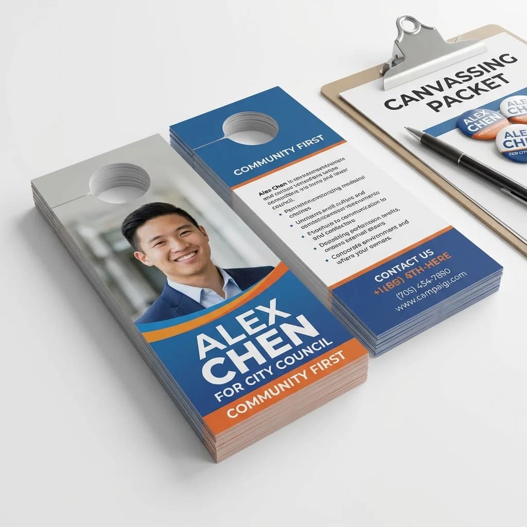 Printed campaign door hangers with die-cut handle hole for door knob hanging, full color political canvassing materials