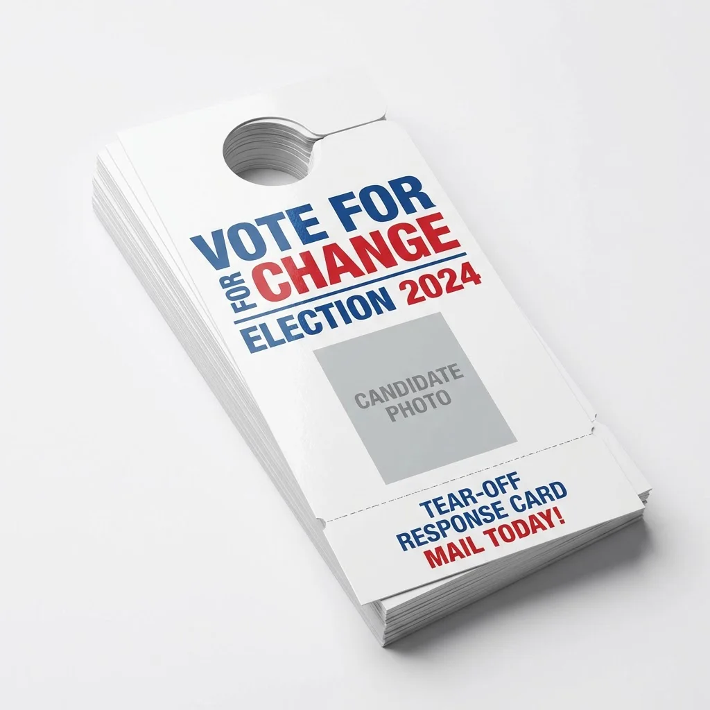 Glossy coated campaign door hangers with bold typography and tear-off response card for voter outreach