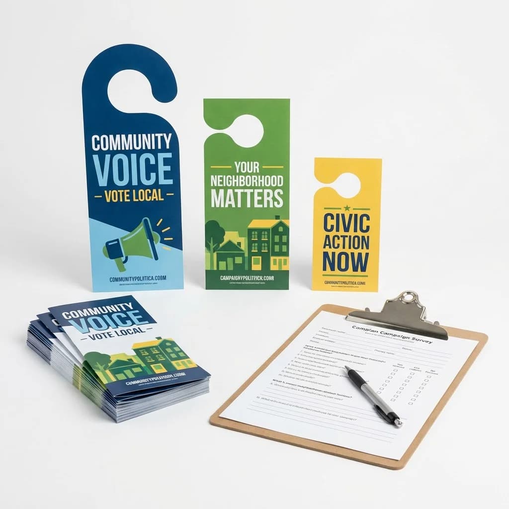 Collection of campaign door hangers in various sizes for political door-to-door canvassing