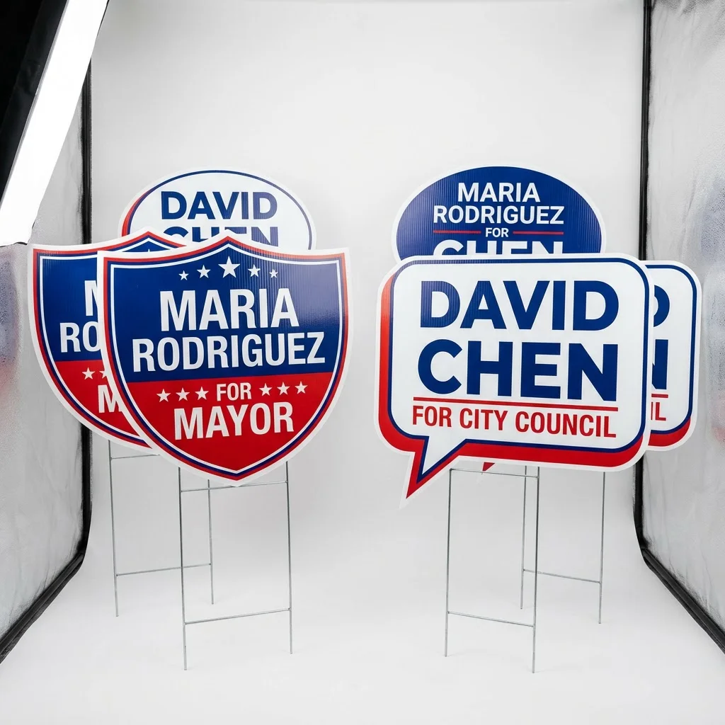 Custom shaped campaign yard signs with full color printing for fictional local election candidates