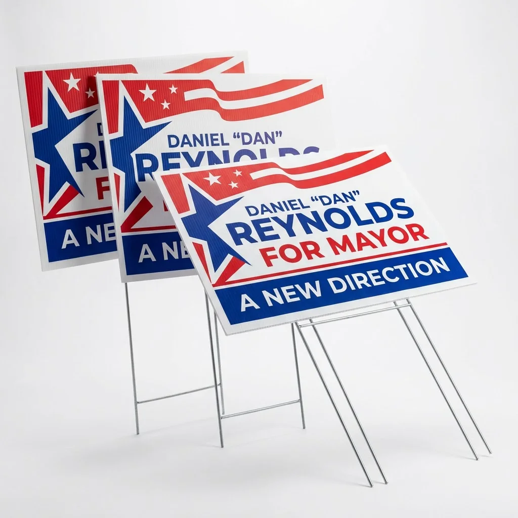 Red white and blue corrugated plastic campaign yard signs with H-wire stakes for fictional mayoral candidate