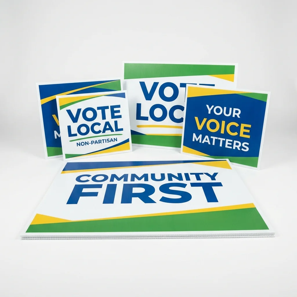 Large format campaign yard signs in various sizes showing non-partisan political election signage collection