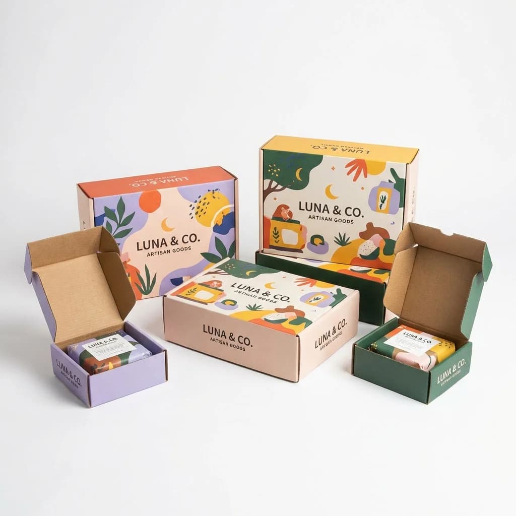 Custom printed packaging boxes in various styles including mailer boxes and display boxes with full color branding