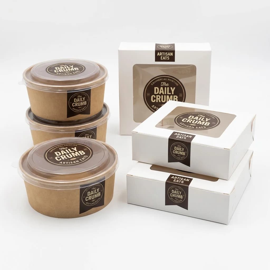Custom food packaging with branded printing including takeout containers and bakery boxes