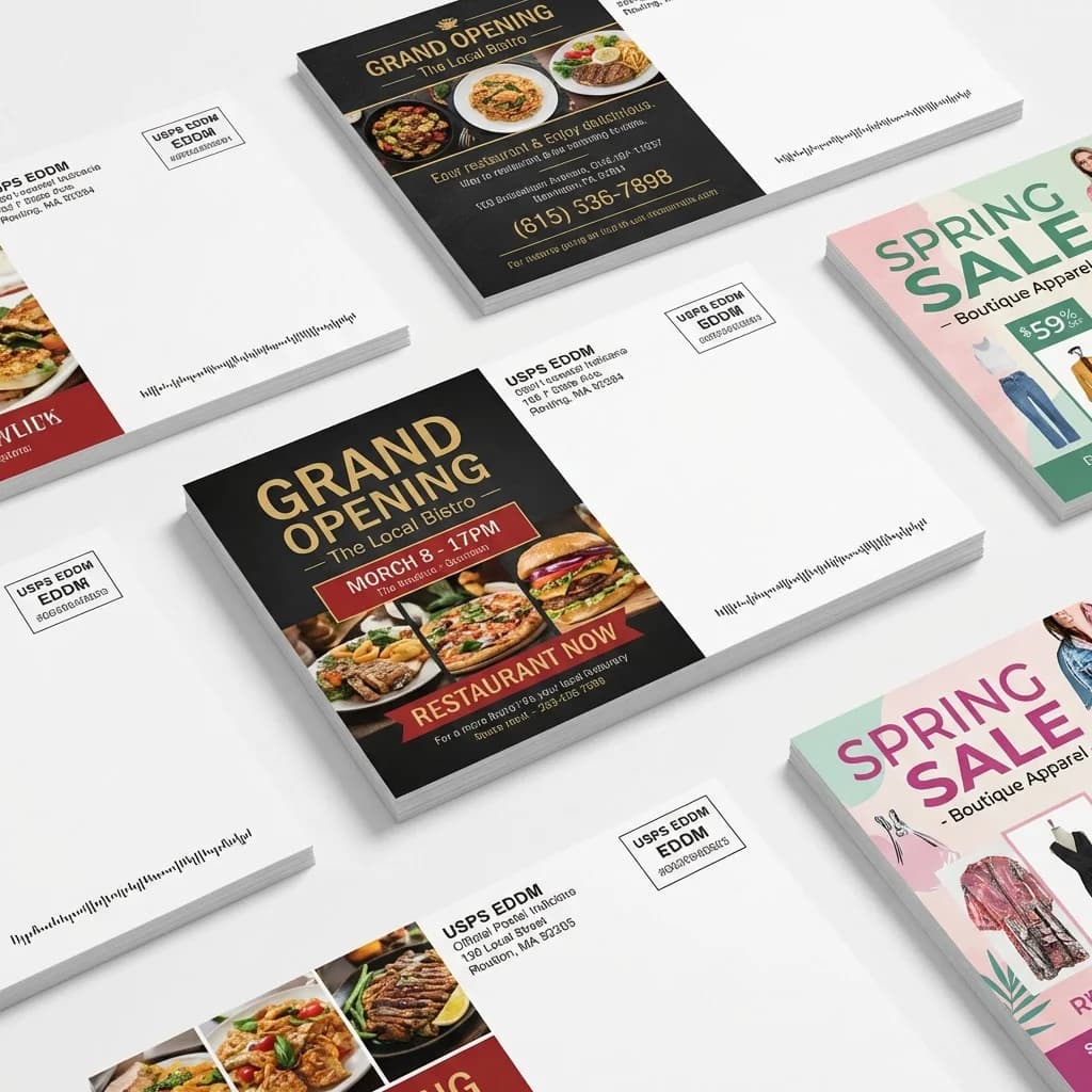 EDDM direct mail pieces with postal indicia featuring restaurant and retail promotional designs