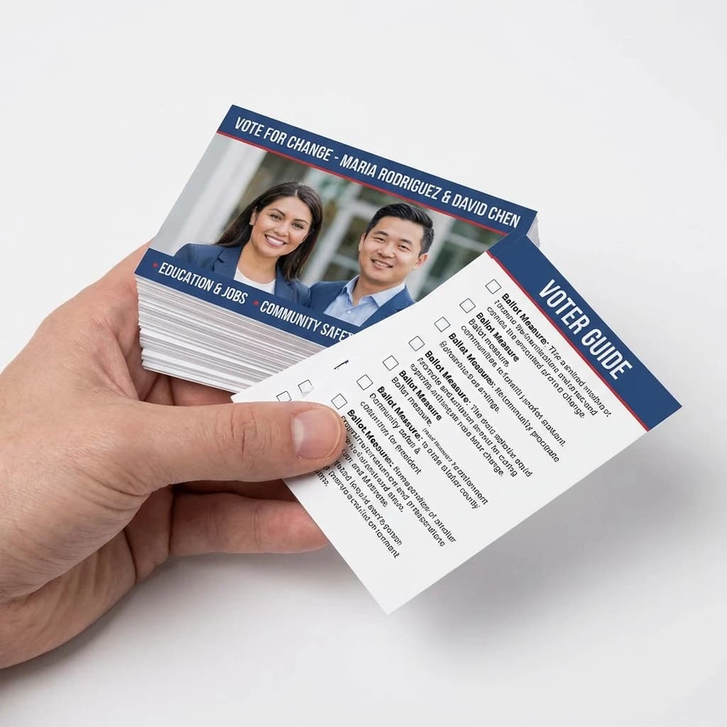 Full-color printed election palm cards featuring a fictional candidate slate with photos and positions on heavy cardstock