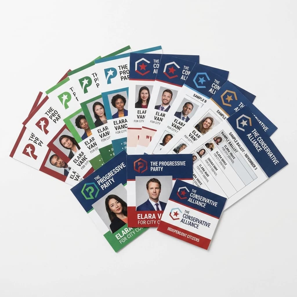 Multiple election palm card designs fanned out showing various sizes and non-partisan candidate layouts