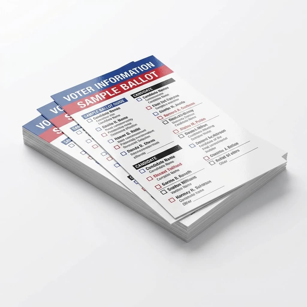 Glossy UV-coated election palm cards designed as a pocket-sized voter ballot guide