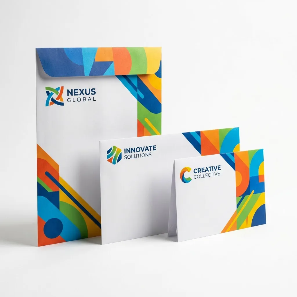 Full-color custom printed envelopes in various sizes from 9x12 to A7 with vibrant branding and graphics