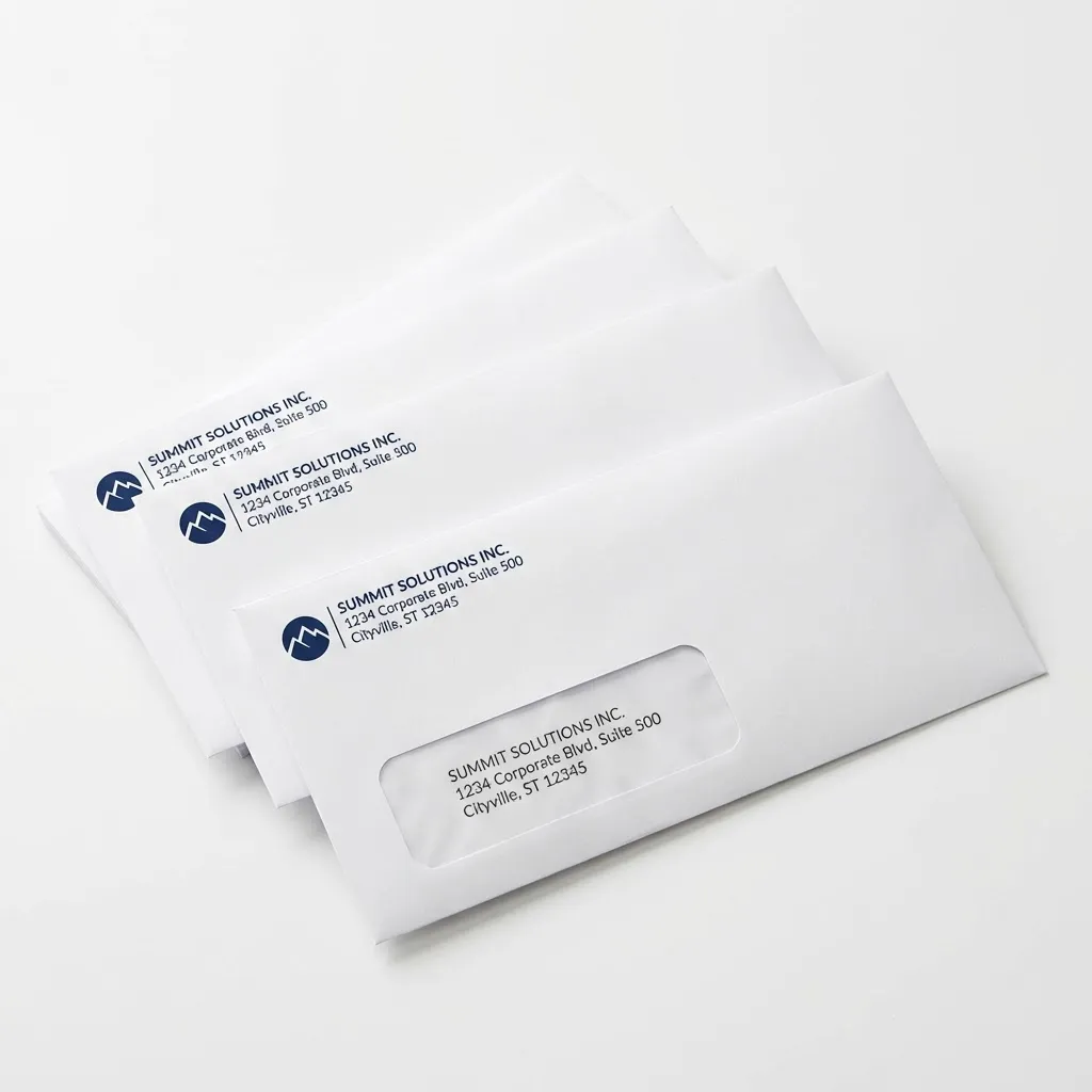 Custom printed #10 business envelopes showing window and non-window options with corporate logo and return address