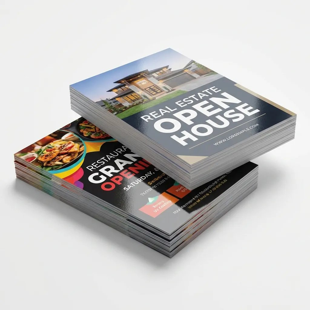 Stacked half-letter promotional flyers for real estate open house and restaurant grand opening with UV coating