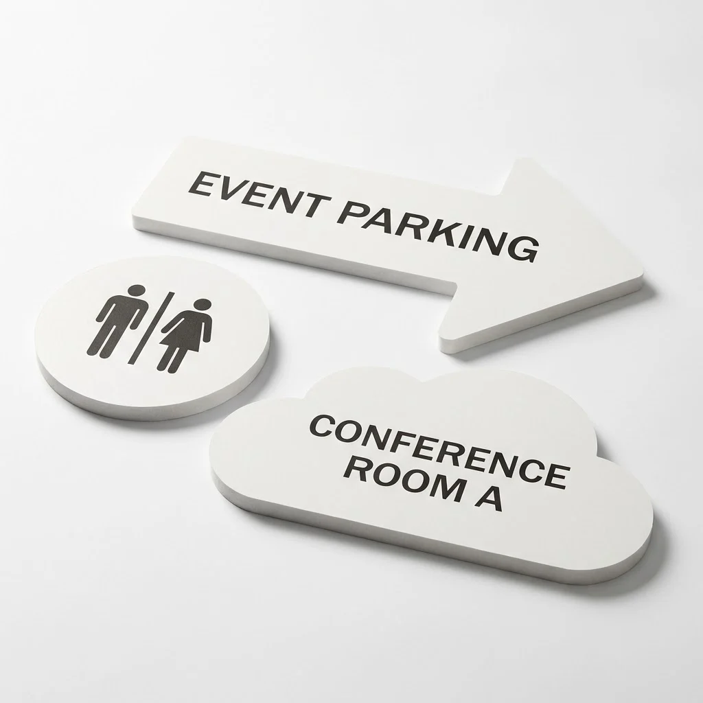 Die-cut foam board signs in custom shapes for directional and wayfinding signage