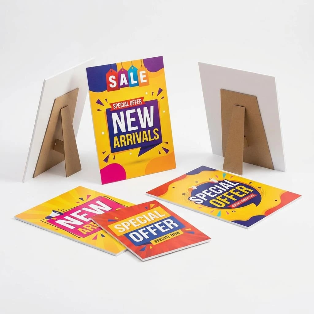 Mounted foam board signs with easel backs for retail point of sale and promotional displays