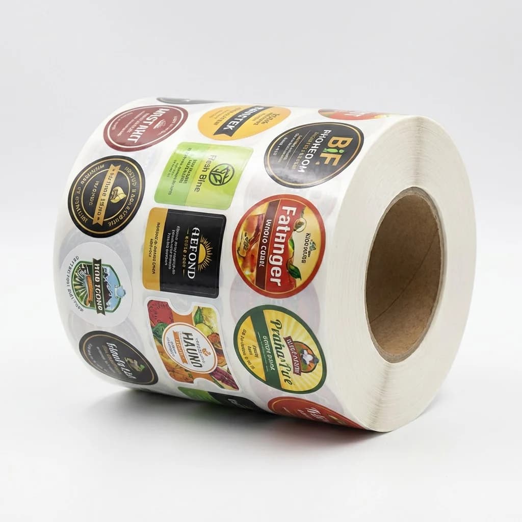 Custom printed labels on a roll in various shapes and sizes with vibrant full color BOPP printing