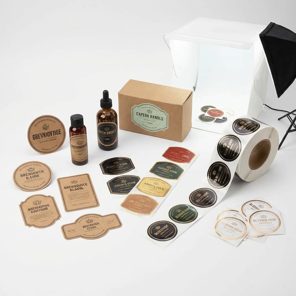 Custom die-cut labels in various shapes on paper and vinyl materials for product branding