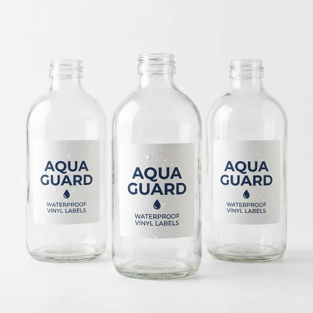 Waterproof vinyl product labels applied to glass bottles with weather-resistant finish