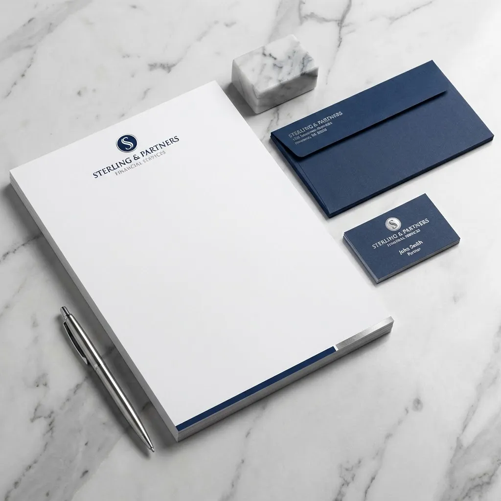 Complete corporate stationery set with matching letterhead, envelope, and business card in navy and silver design