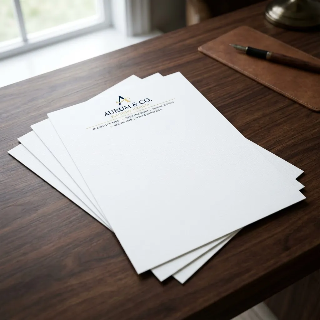 Premium business letterhead on cotton paper with navy and gold corporate logo on executive walnut desk