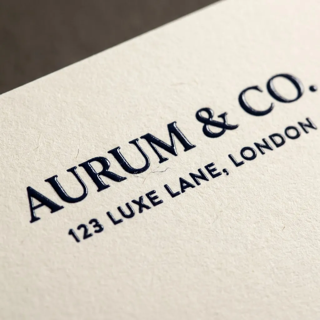 Close-up of raised ink thermography letterhead showing dimensional texture on cream linen paper stock