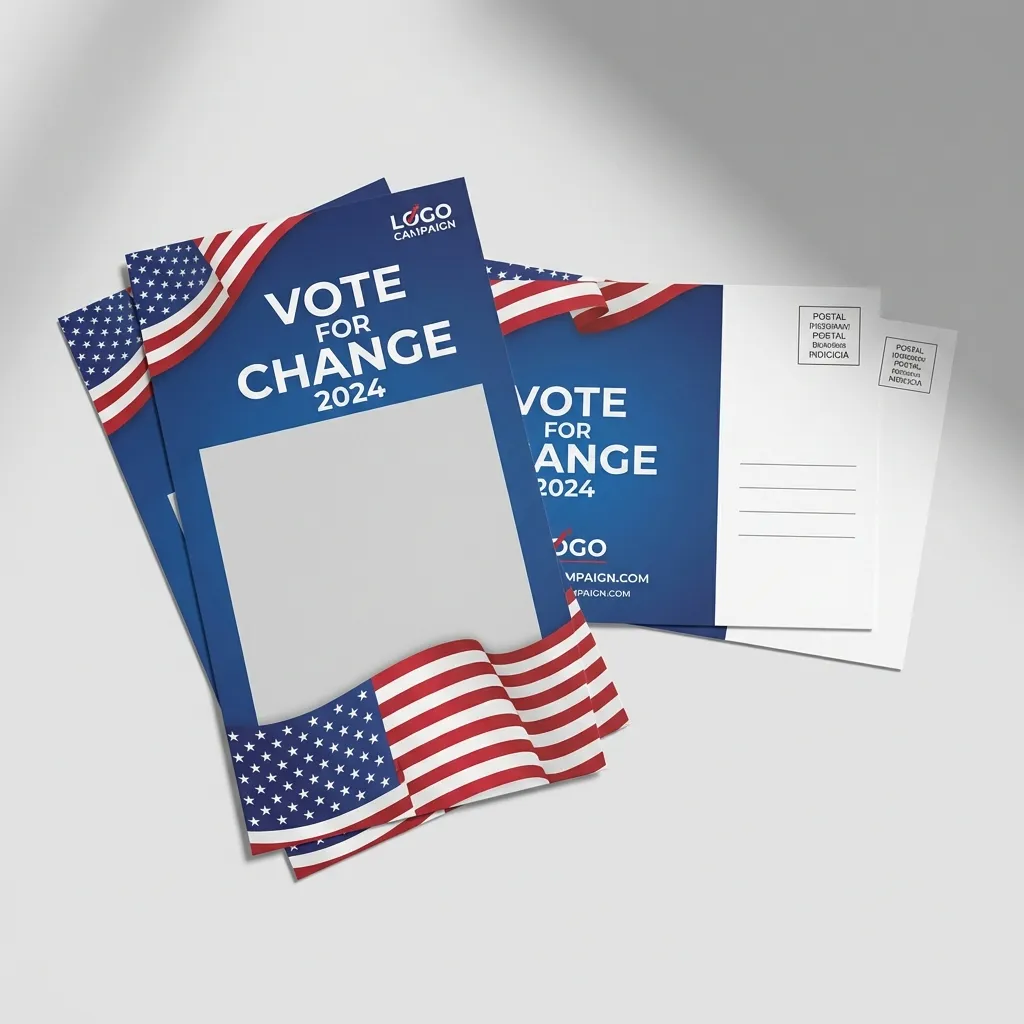 Oversized political campaign postcards with patriotic red white and blue design showing front messaging and back postal indicia
