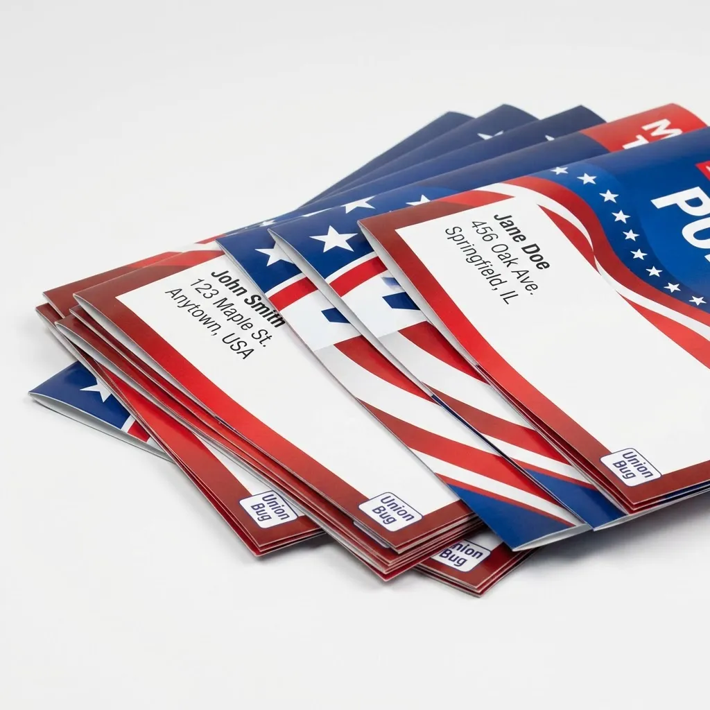 Political mailers fanned out showing variable data personalization with different voter names and addresses on each piece