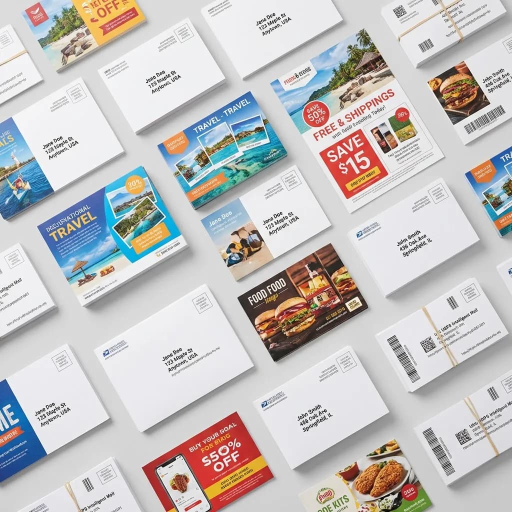 Flat lay of direct mail postcards with personalized variable data addressing and USPS barcodes ready for postal processing