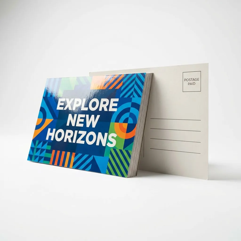 Postcard front and back showing full color marketing design on front and mailing side with address block and indicia on back, heavy cardstock edge visible