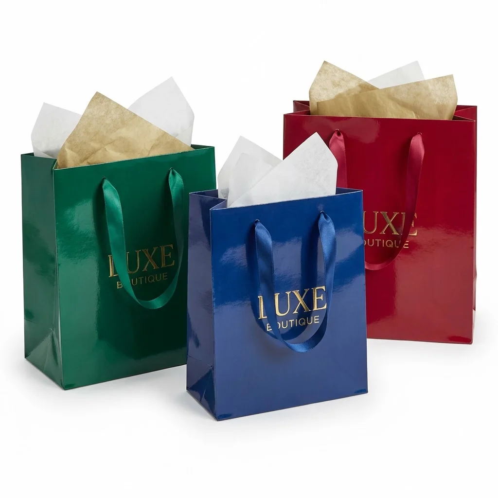 Glossy laminated shopping bags with ribbon handles in vibrant colors for boutique retail packaging