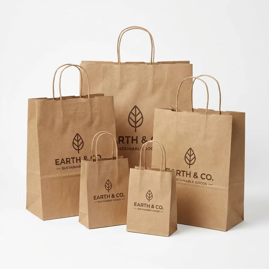 Branded kraft paper shopping bags in various sizes with custom logo printing for eco-friendly retail packaging