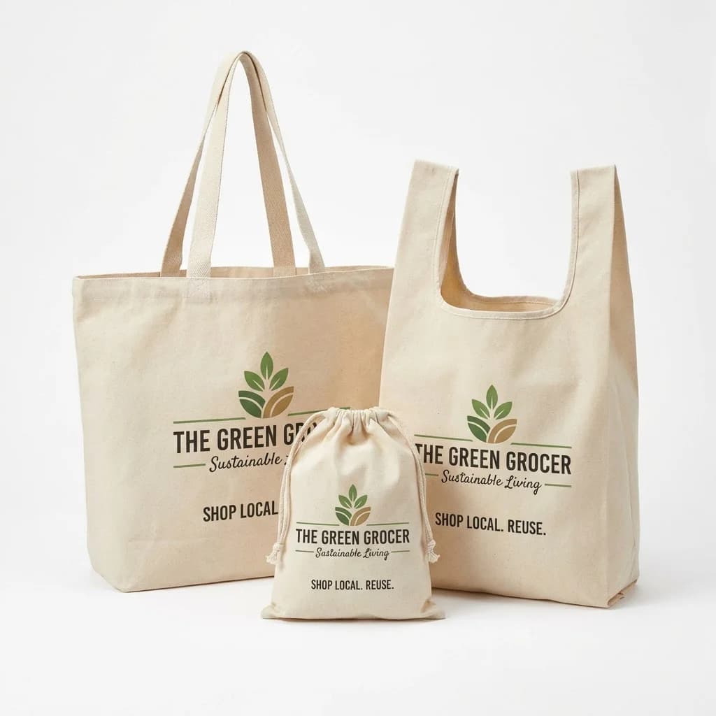 Custom printed reusable shopping bags with retail store branding in multiple sizes