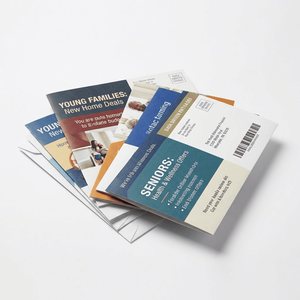 Targeted mailing postcards with demographic-specific designs for data-driven direct mail marketing to different audiences