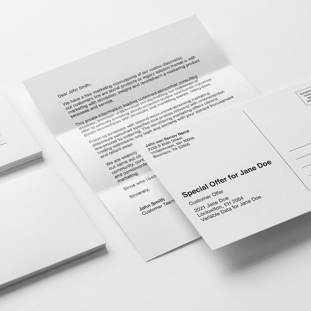 Targeted direct mail pieces with personalized variable data including customized marketing letters and postcards with recipient names