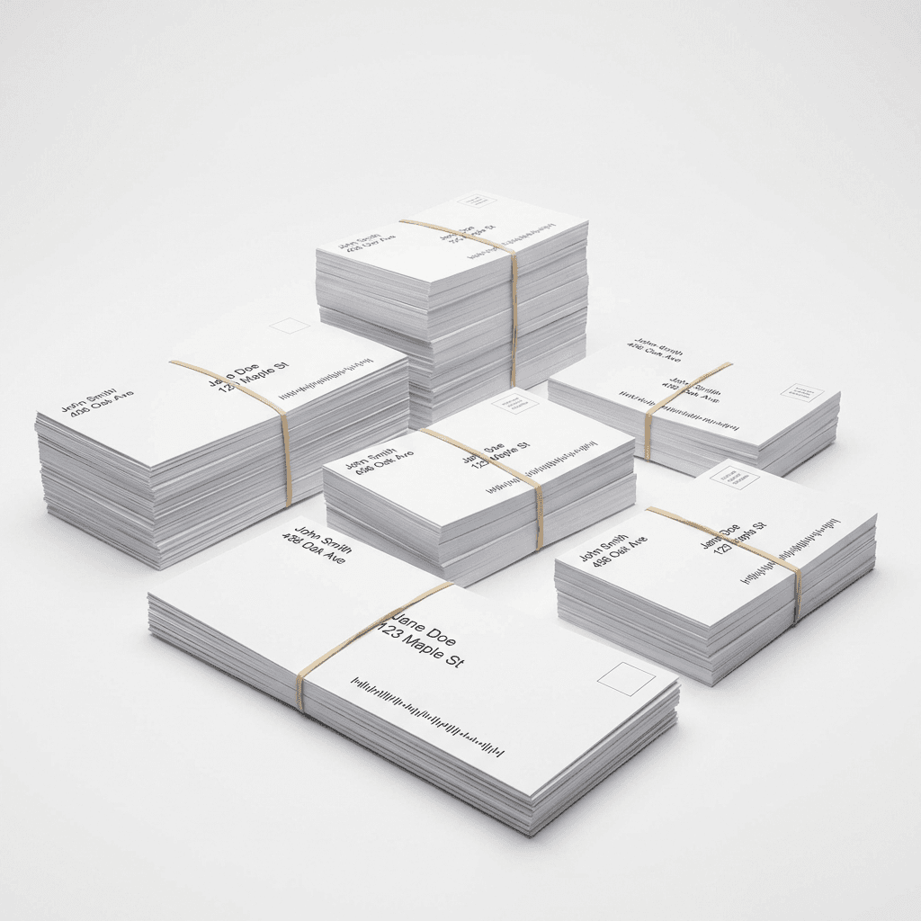 Sorted and bundled targeted mail pieces with barcodes and addressing ready for commercial mailing delivery