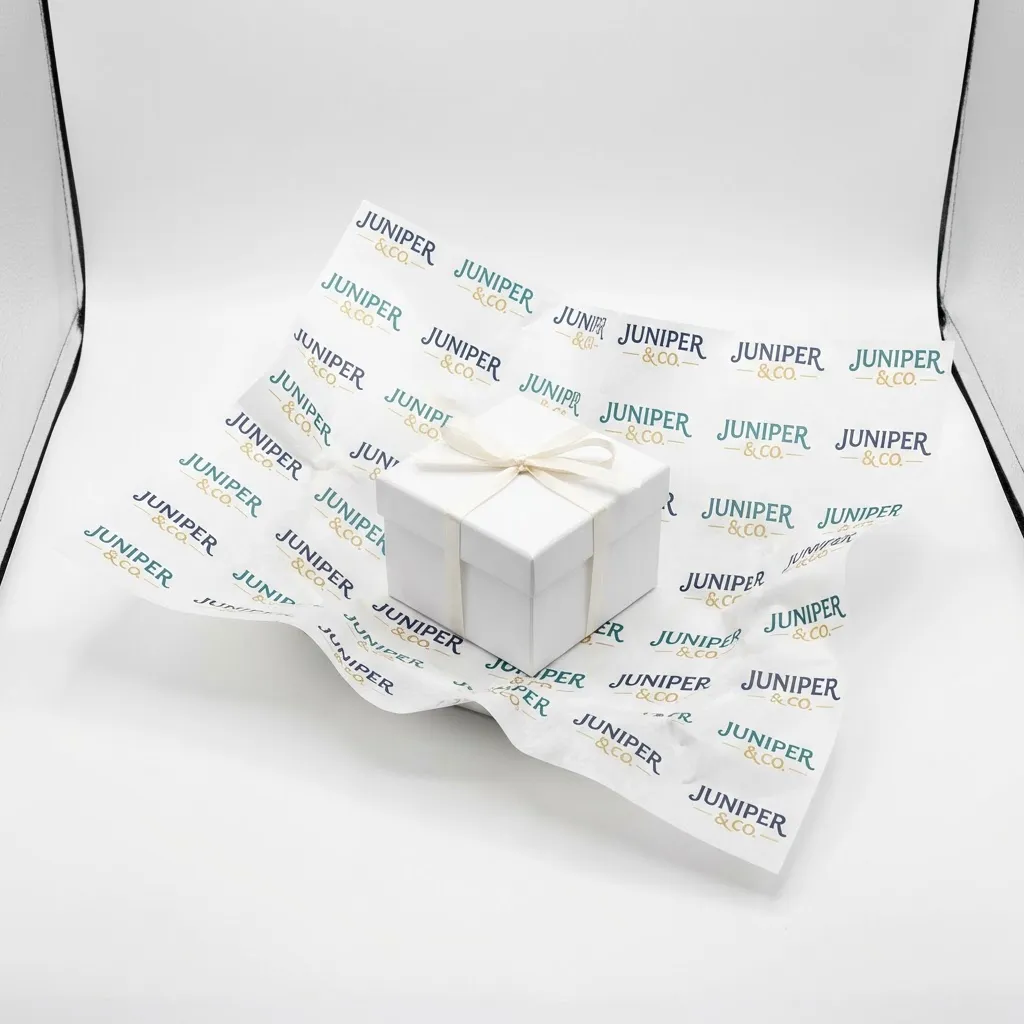 Custom printed tissue paper with branded logo pattern in vibrant colors for gift wrapping