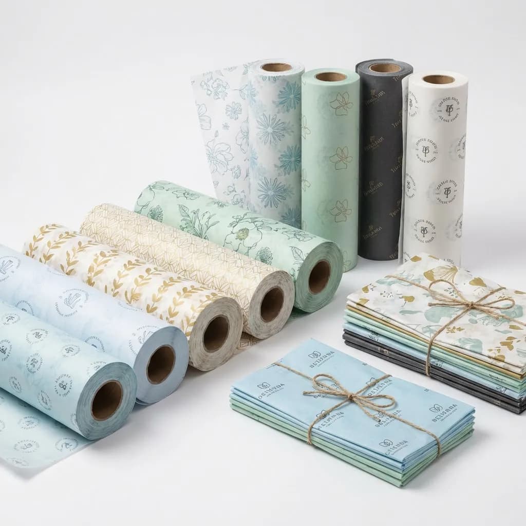 Multiple custom tissue paper designs and colors displayed for commercial packaging