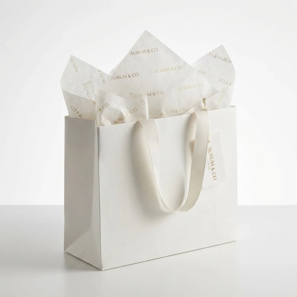 Custom tissue paper used in gift bag for luxury branded retail packaging presentation