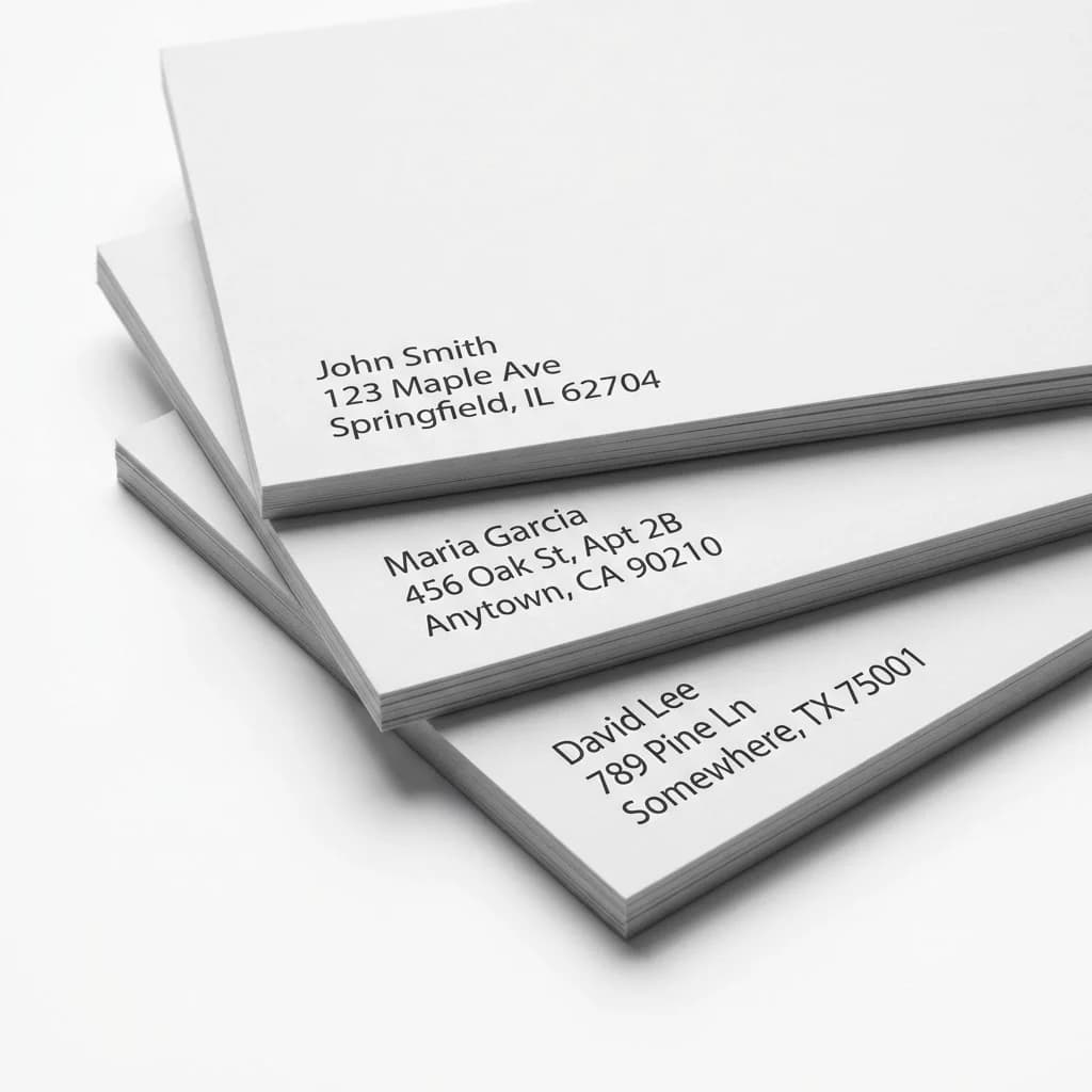 Variable data printed direct mail pieces showing personalized names and addresses unique to each recipient